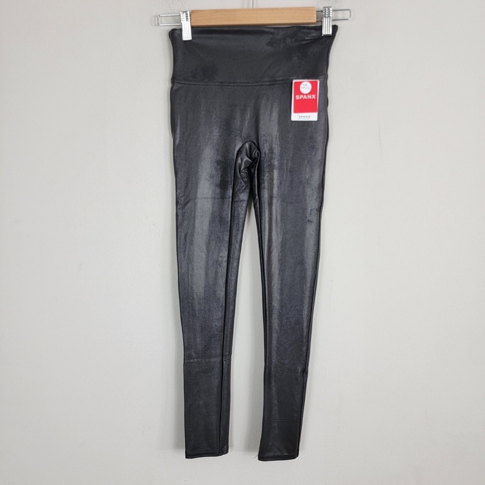 Spanx Faux‎ Leather Leggings Pant Black Ankle Waistband Stretch Size Petite S